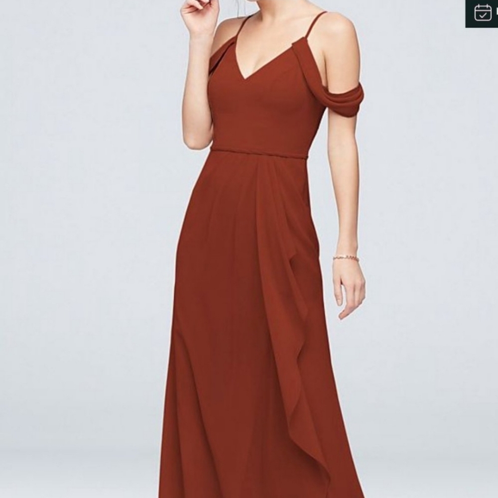 David's Bridal Off-the-Shoulder Bridesmaid Dress in Cinnamon